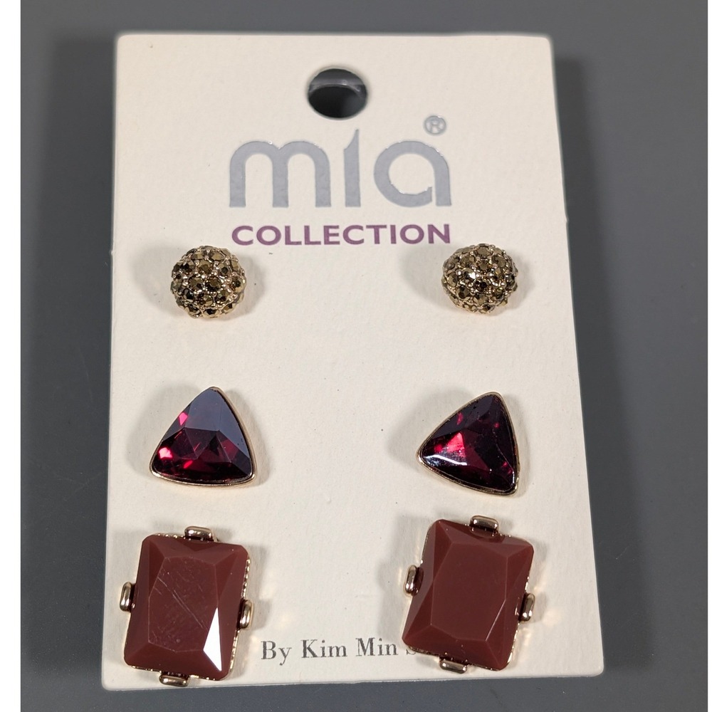 MIA Collection 3 Pair Red‎ Gold Tone Stud Earrings Set Triangle Rhinestone